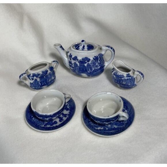 Unbranded Other - Miniature China Tea Set 8 Pcs Blue Willow Miniature Tea Set